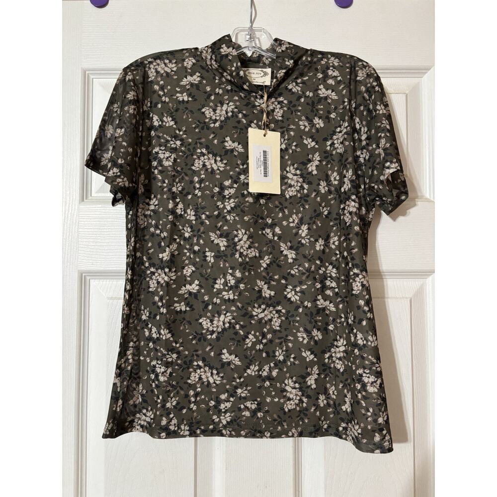 Joyfolie Sz M Evi Top Olive Floral Mesh Mock Neck Sheer Blouse NWT